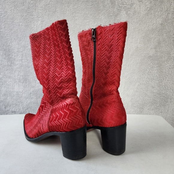 Rocco P Boots Womens 6.5 Red Leather Fur Block Heel Zig Zag Italy Vintage EU 37 - Picture 9 of 15